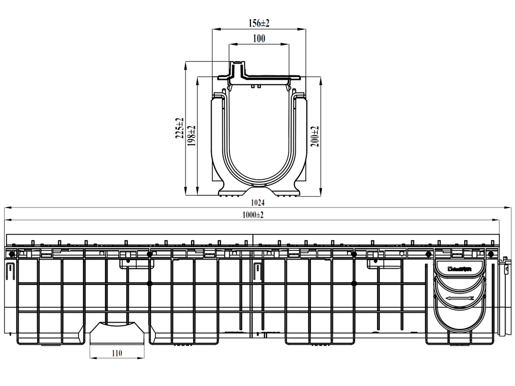 Rigola Base DN100 H225 dotata cu gratar tip fantă longitudinala din polipropilena (1000x156x225mm), clasa de sarcini A15