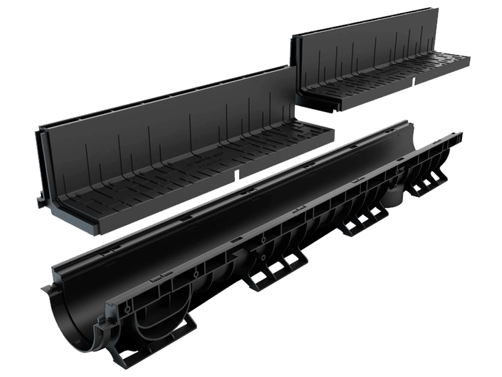 Rigola Base DN100 H230 dotata cu gratar tip fantă longitudinala din polipropilena (1000x156x230mm), clasa de sarcini A15-C250