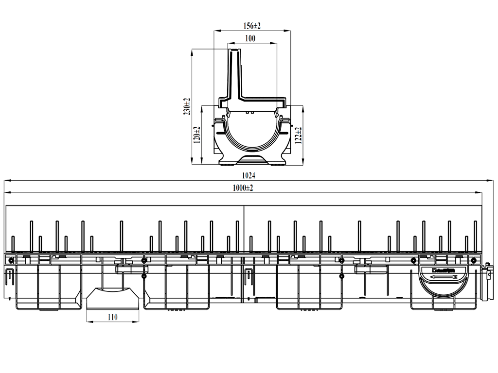 Rigola Base DN100 H230 dotata cu gratar tip fantă longitudinala din polipropilena (1000x156x230mm), clasa de sarcini A15-C250