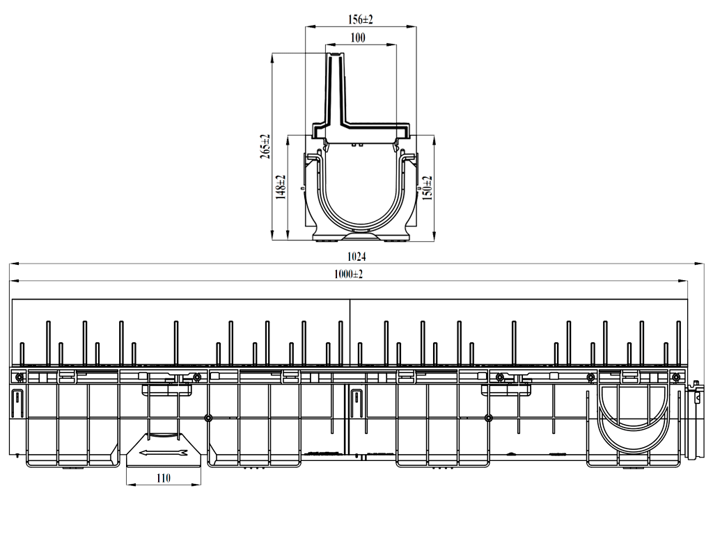 Rigola Base DN100 H265 dotata cu gratar tip fantă longitudinala din polipropilena (1000x156x265mm), clasa de sarcini A15-C250