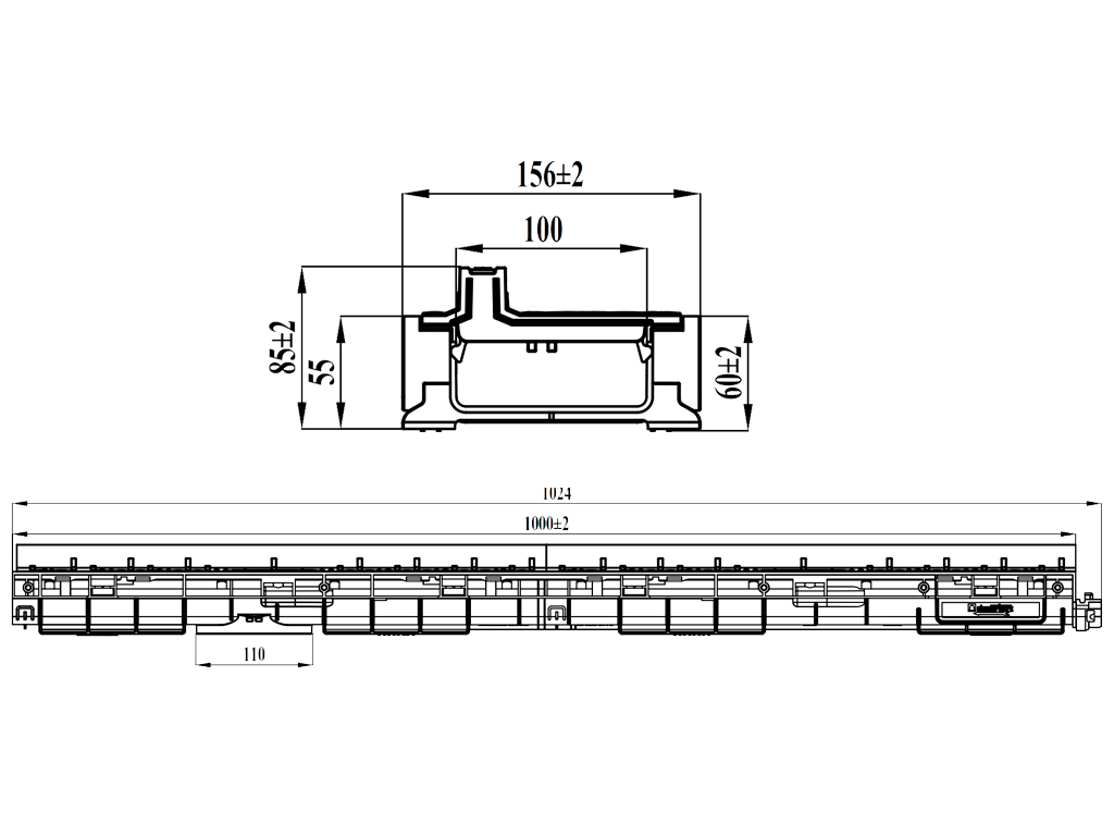 Rigola Base DN100 H85 dotata cu gratar tip fantă longitudinala din polipropilena (1000x156x85mm), clasa de sarcini A15