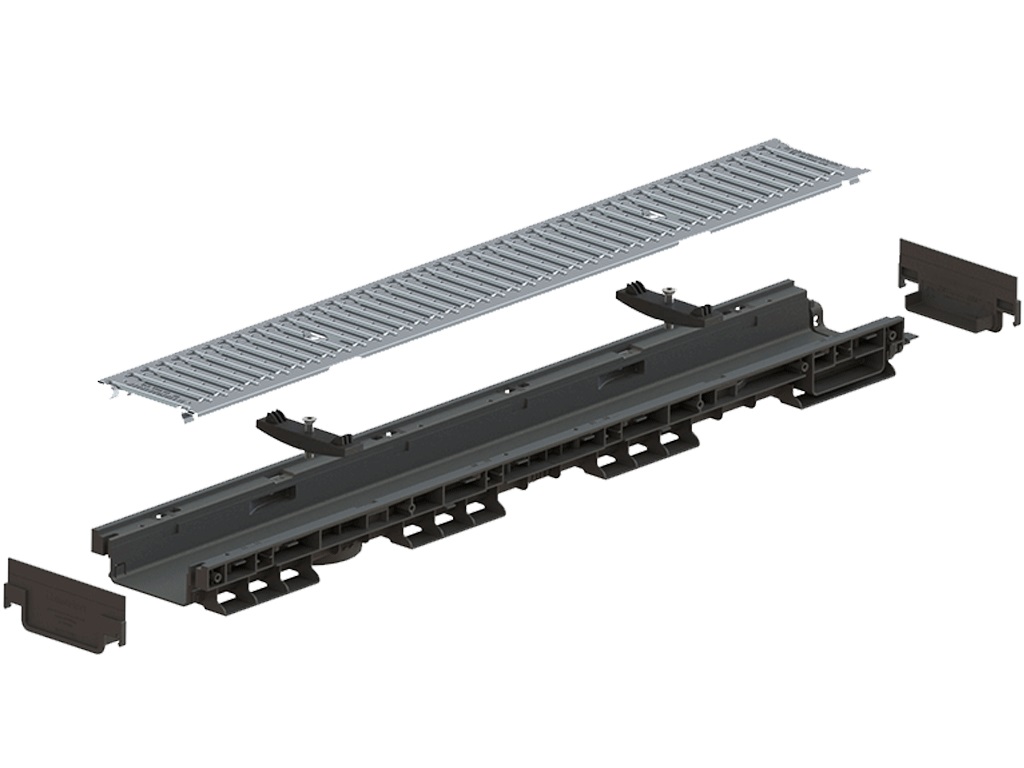 Rigolă din plastic BASE DN100 H60 cu grătar metalic zincat în fante clasa de sarcini A15