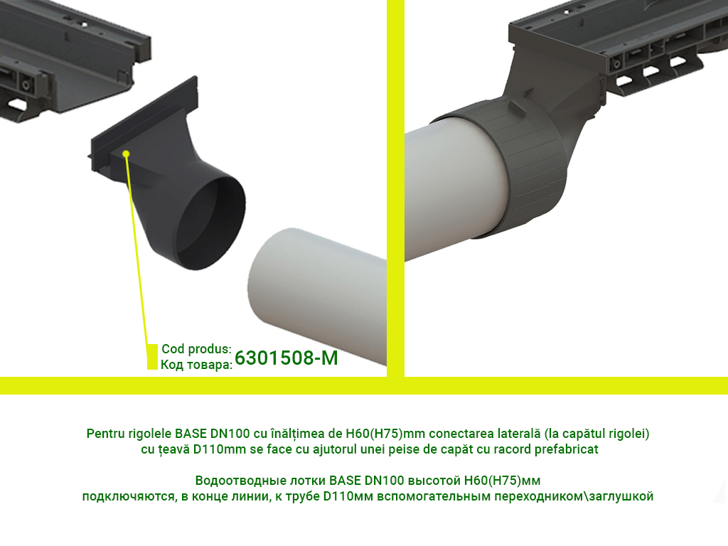 Rigolă din plastic BASE DN100 H60 cu grătar metalic zincat în fante clasa de sarcini A15