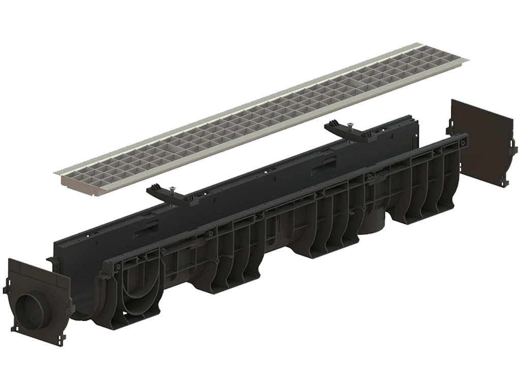 Лоток водоотводный POLYMAX BASIC DN100 H155 с решеткой стальной оцинкованной, нагрузкой до 3 тонн (1000x160x155)