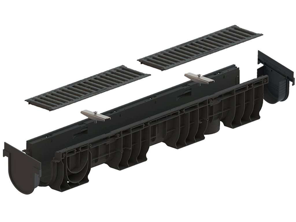 Лоток водоотводный пластиковый BASE DN100 H150 с решеткой чугунной щелевой класс нагрузки C250