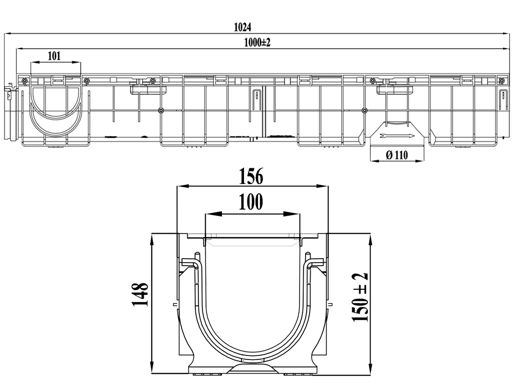 Лоток водоотводный пластиковый BASE DN100 H150 с решеткой чугунной щелевой класс нагрузки C250