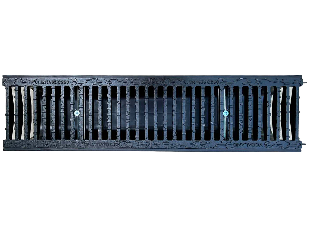 Лоток водоотводный пластиковый BASE DN200 H200 с решеткой чугунной щелевой класс нагрузки C250