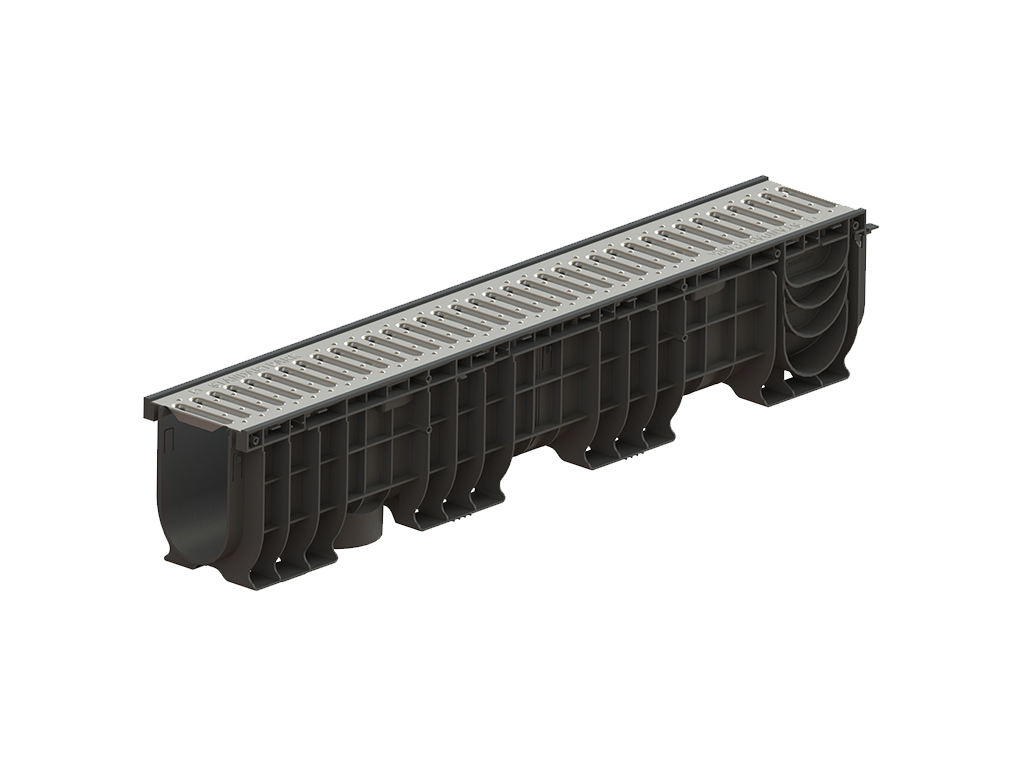 Rigolă din plastic BASE DN100 H200 cu grătar metalic zincat în fante clasa de sarcini A15