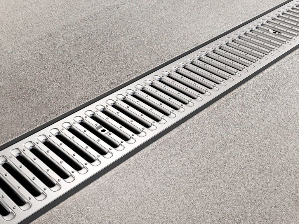 Rigolă din plastic BASE DN100 H200 cu grătar metalic zincat în fante clasa de sarcini A15