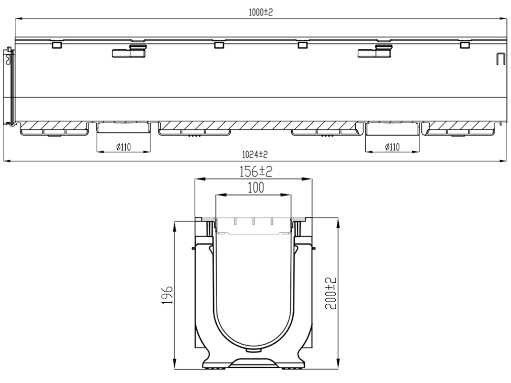 Лоток водоотводный POLYMAX BASIC DN100 H200 с решеткой стальной оцинкованной, нагрузкой до 3 тонн (1000x160x200)