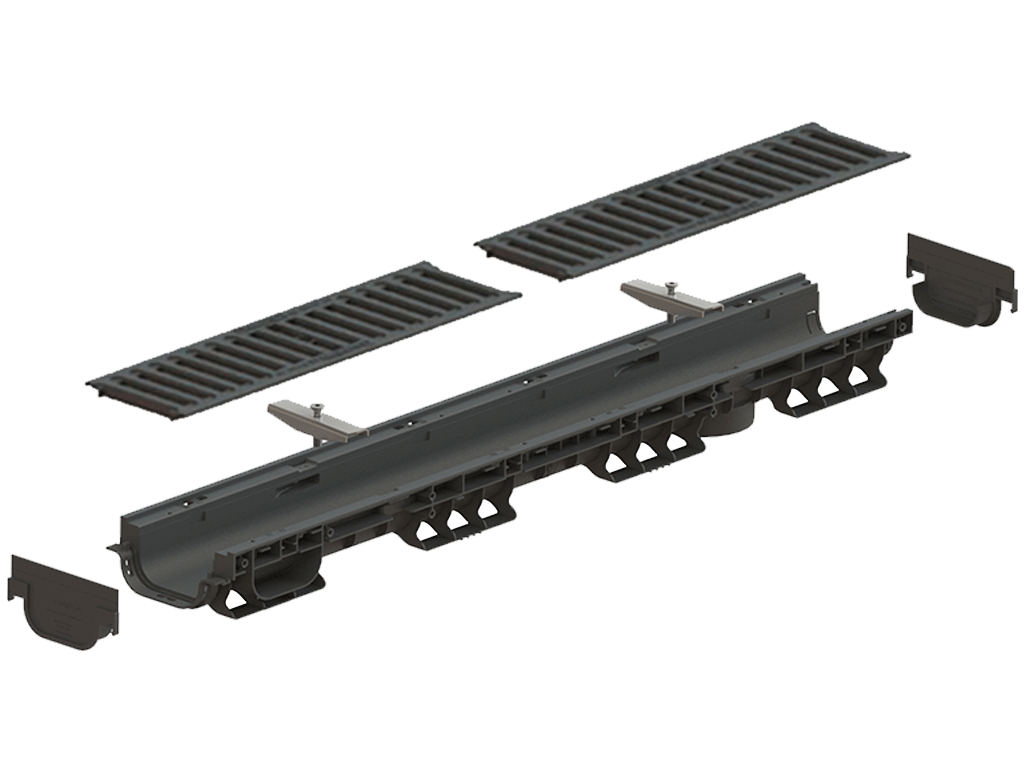 Rigolă din plastic BASE DN100 H80 cu grătare din fontă în fante clasa de sarcini C250