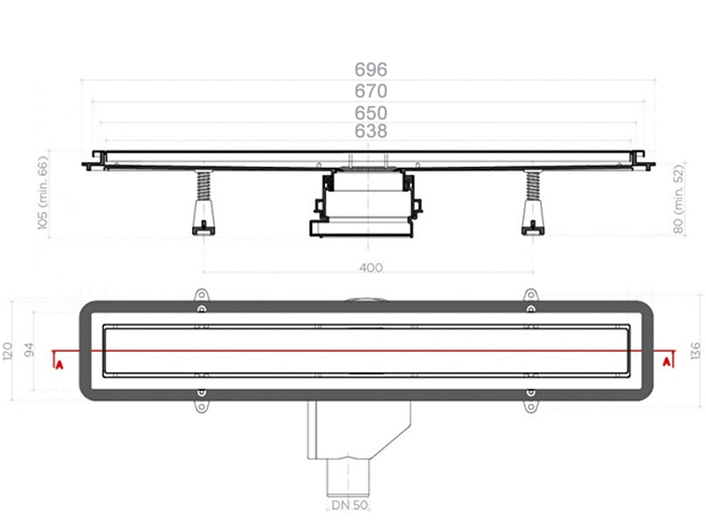 Трап лоток для душа с решеткой из нержавеющей стали, Premium Line 650, (650x120x66-105мм)