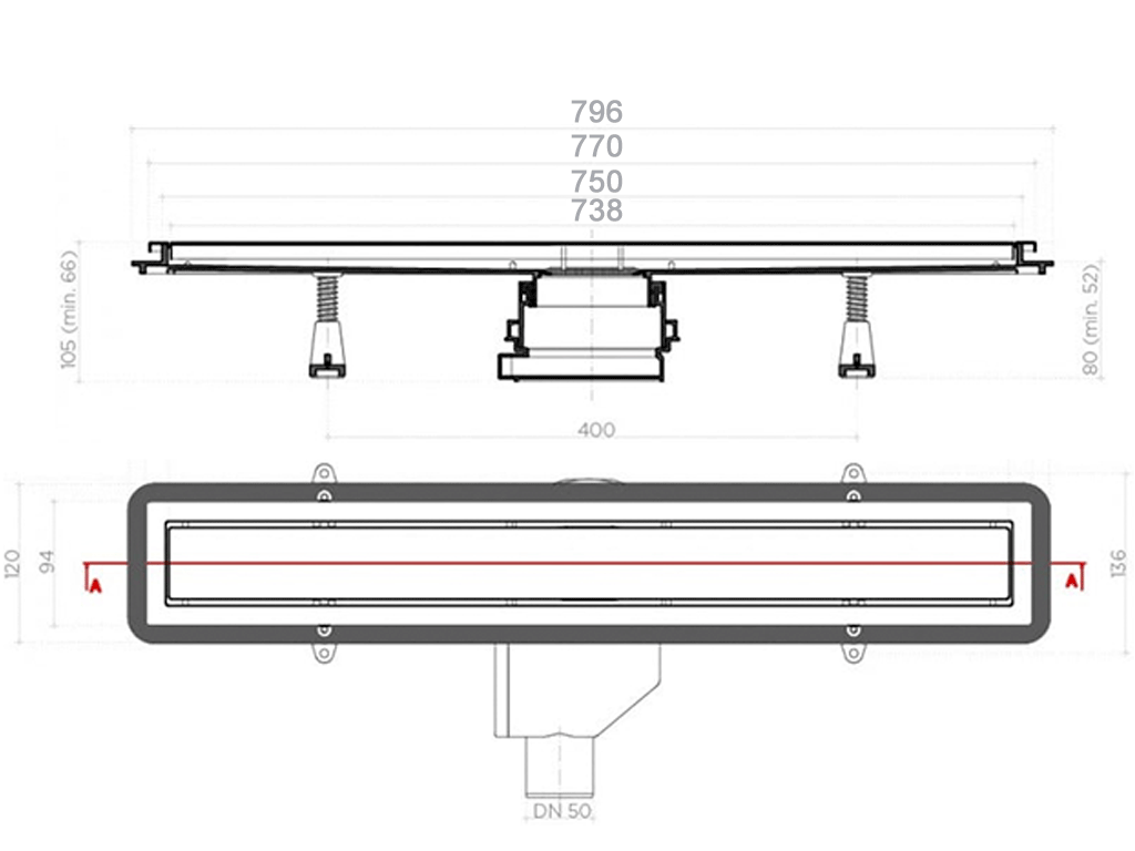 Rigola pentru duș cu gratar inox, Premium Line 750, (750x120x66-105mm)