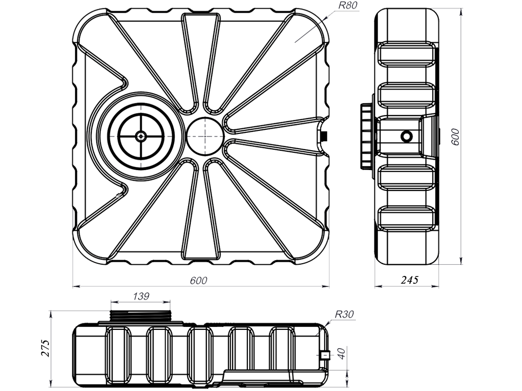 Rezervor PATRAT pentru dus de vara, cu volum W=75 litri, dotat cu para si robinet (600x600x245)