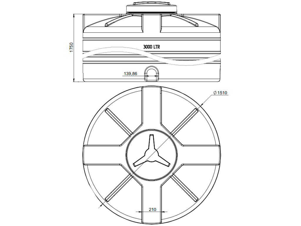 Rezervor din plastic, dublu strat, pentru apa potabila volum 3000 litri, vertical (D1510xH1800mm)