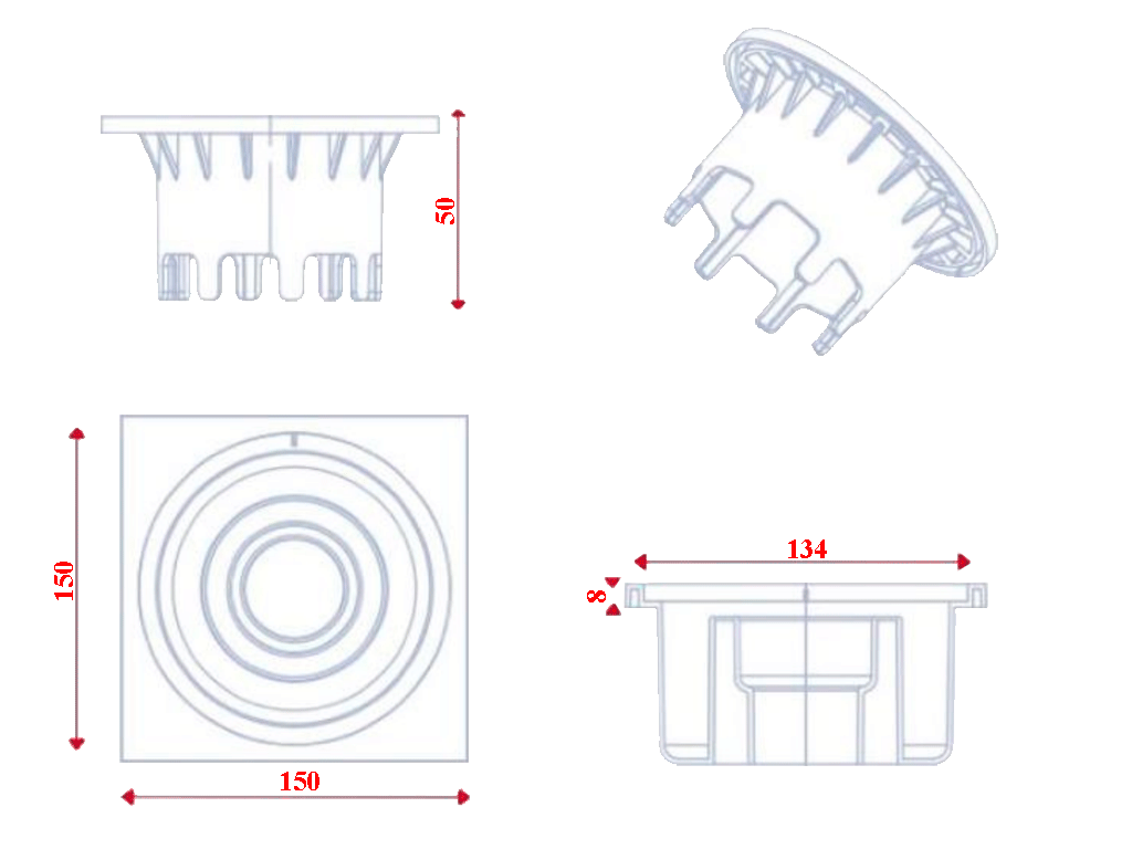 Trap pentru baie PP cu gratar PP 150x150x60mm, cu iesire verticala D=40/50/63mm
