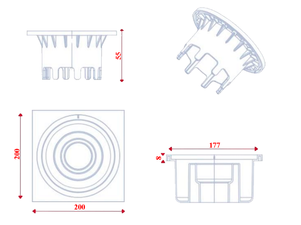 Trap pentru baie PP cu gratar PP 200x200x70mm, cu iesire verticala D=80/100/110mm
