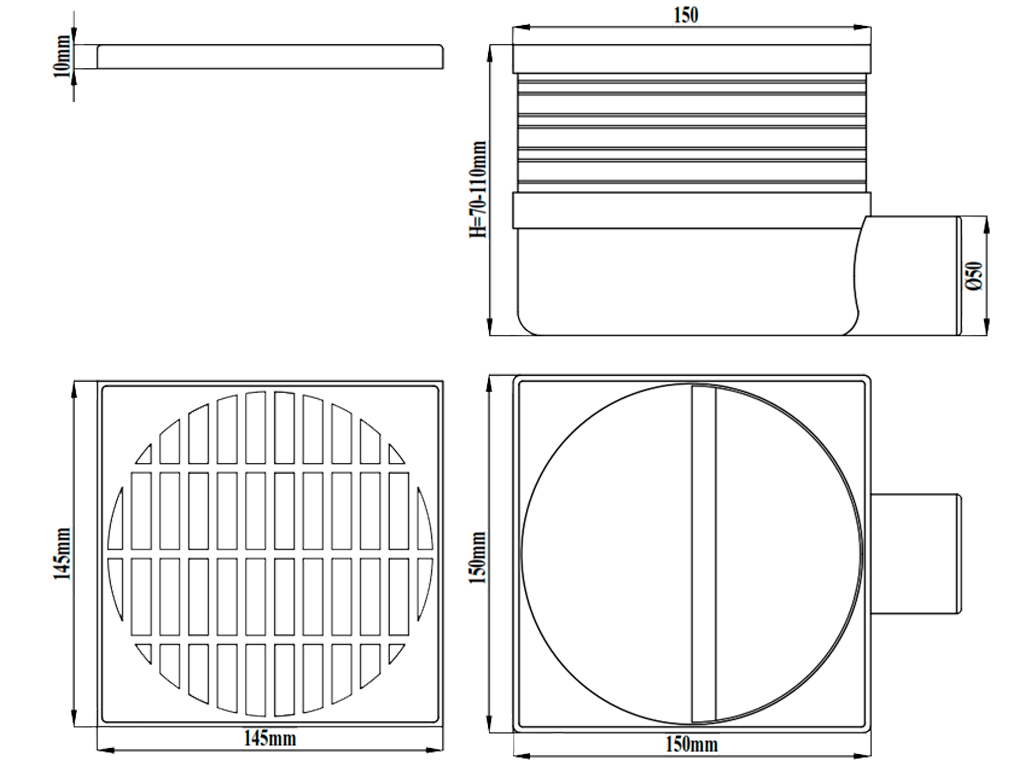 Трап для душа ПП с решеткой ПП 150x150xН70-110мм, с горизонтальным выходом D=50мм