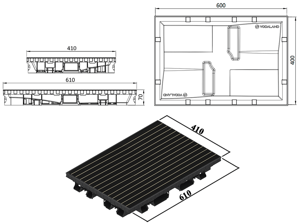 Придверная решетка с поддоном STEP, ''CITY'' РЕЗИНА + СКРЕБОК (600x400x70mm)