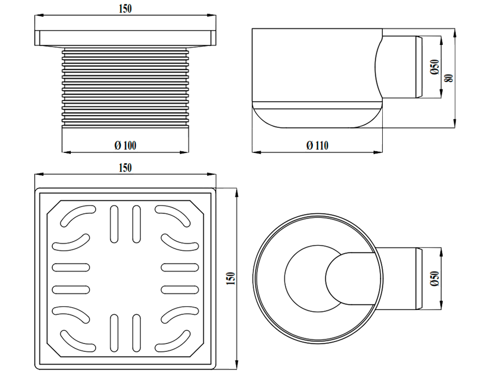 Трап для душа ПП с решеткой нержавеющей  H=90-120mm, с горизонтальным выходом D=50mm.