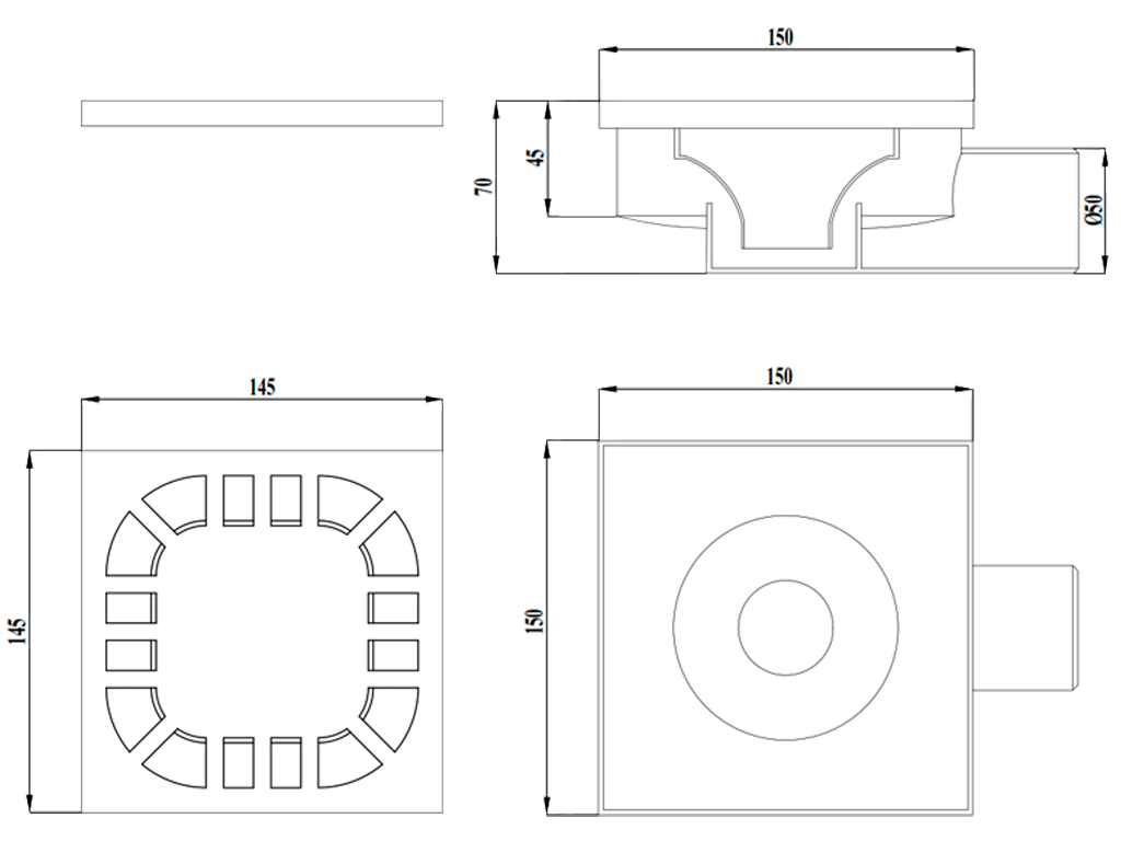 Трап для душа ПП с решеткой ПП 150х150х70 с горизонтальным (360 градусов) выходом D=50mm.
