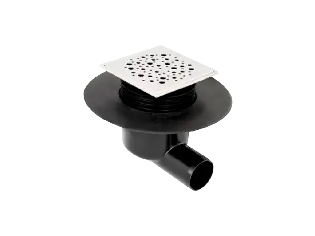 Трап для душа ПП с решеткой нержавеющей Aqua 120x120x120 H=80-120mm с горизонтальным выходом D=50mm.