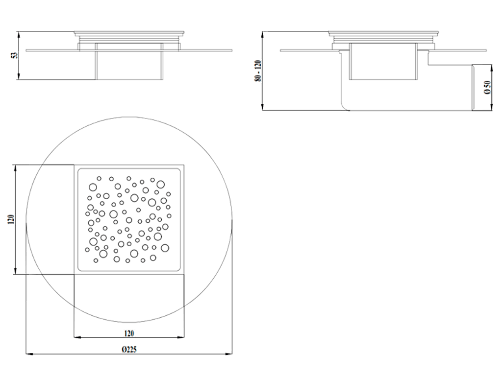 Трап для душа ПП с решеткой нержавеющей Aqua 120x120x120 H=80-120mm с горизонтальным выходом D=50mm.