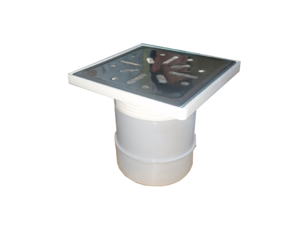 Trap pentru dus PP cu gratar inox 150x150x135 Hreglabil=110-135mm, cu iesire verticala D=100mm.