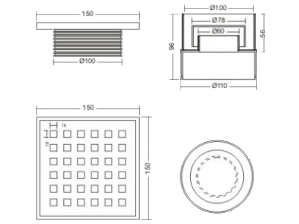 Trap pentru dus PP cu gratar inox 150x150x135 Hreglabil=110-135mm, cu iesire verticala D=100mm.