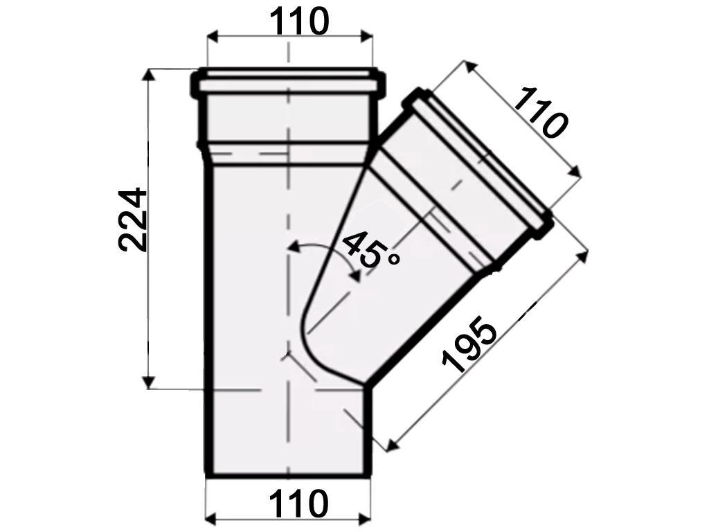 Тройник, ПП, D110x110мм, на 45 градусов, шумопоглощающий, для труб D110 использованных в внутренней канализации