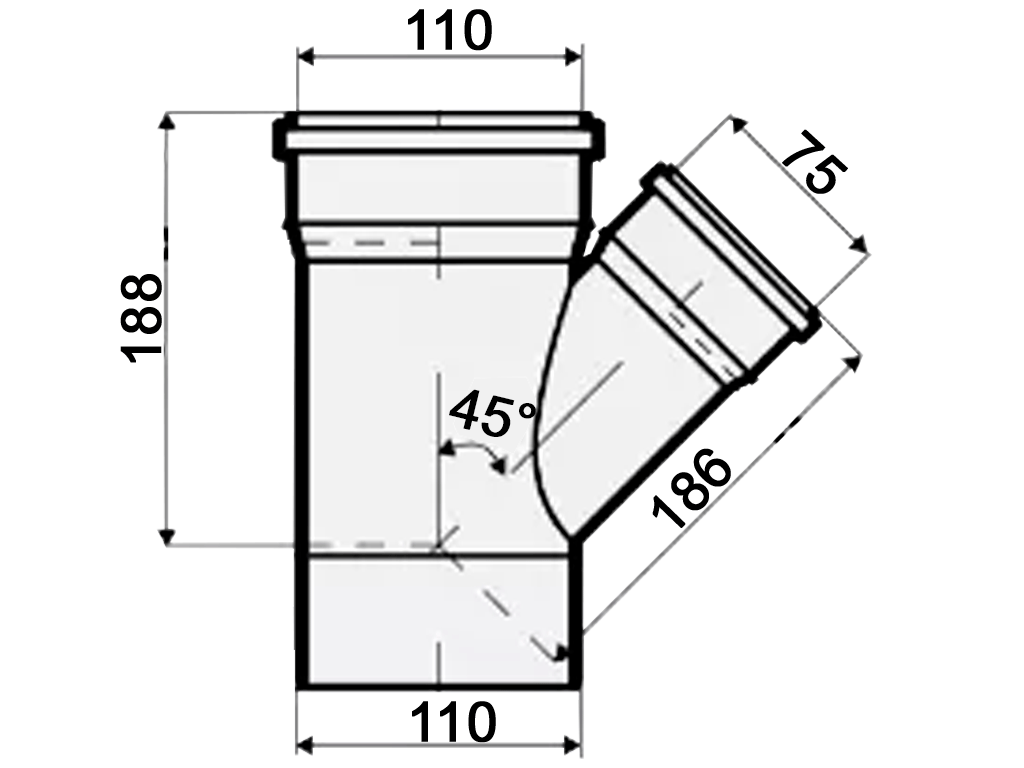Тройник, ПП, D110x75мм, на 45 градусов, шумопоглощающий, для труб D110 и D75 использованных в внутренней канализации