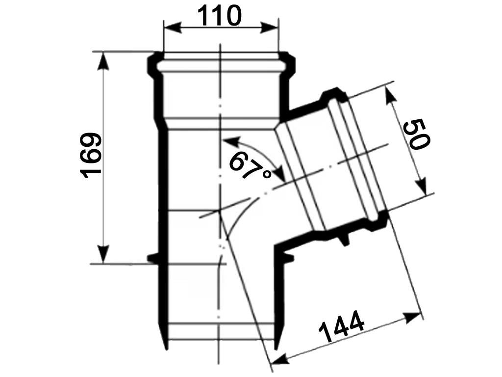 Тройник, ПП, D110x75мм, на 67 градусов, шумопоглощающий, для труб D110 и D75 использованных в внутренней канализации
