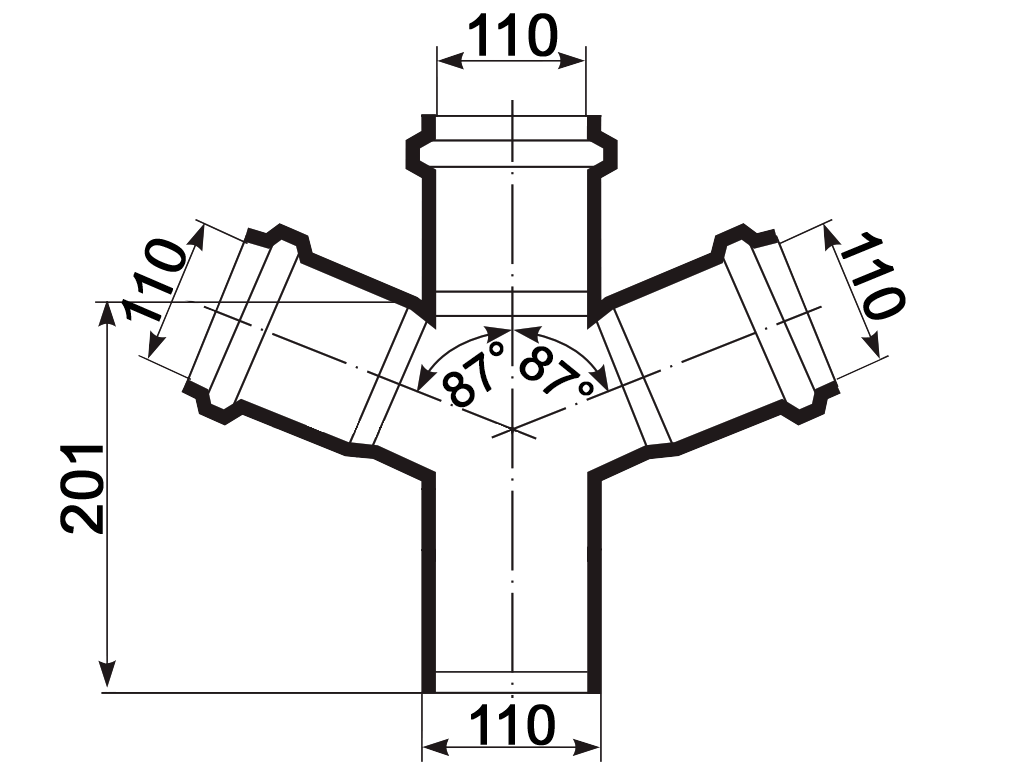 Крестовина, ПП, D110x110мм, на 67 градусов, шумопоглощающая, для труб D110 использованных в внутренней канализации