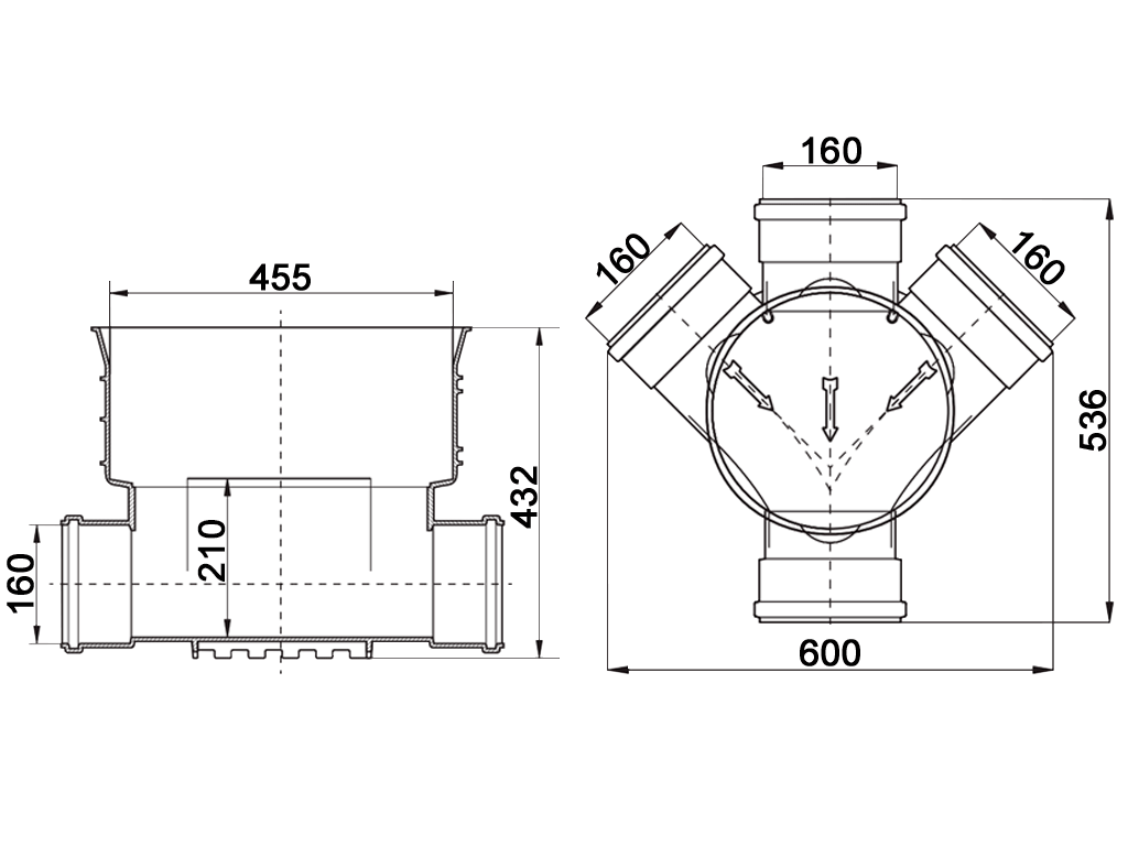 Baza camin inspectie-canalizare din PP D425mm, cu 3 intrari + 1 iesire D160mm