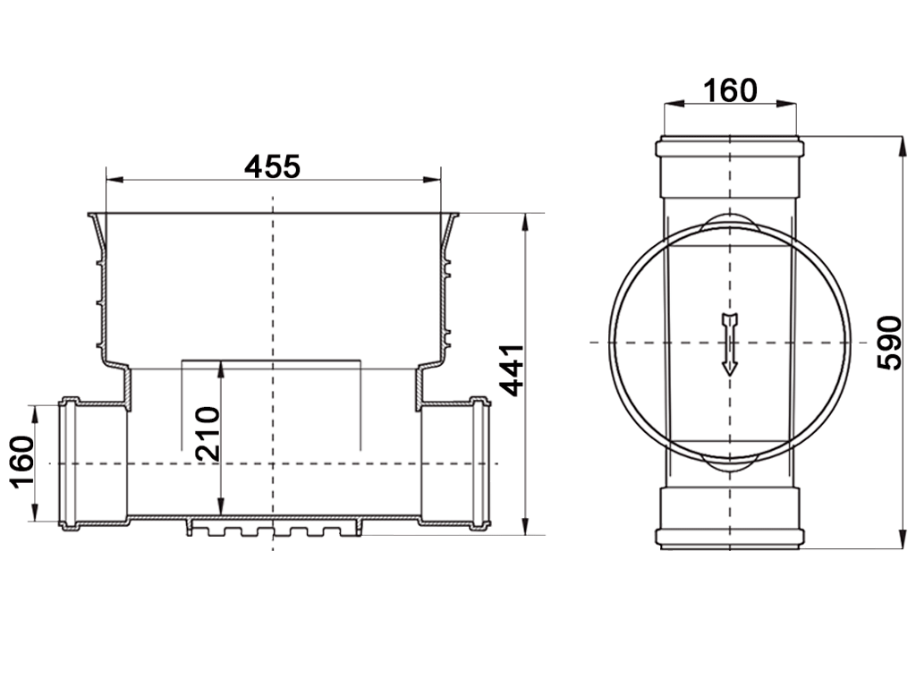 Baza camin inspectie-canalizare din PP D425mm, cu 1 intrare + 1 iesire D160mm
