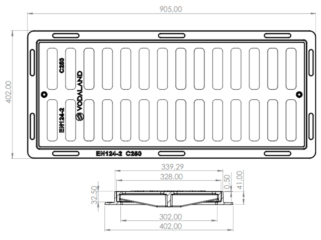 Gratar pluvial din fonta ductilă cu rama 905x402x41mm, dotat cu 2 lacate, clasa de incarcare C250 