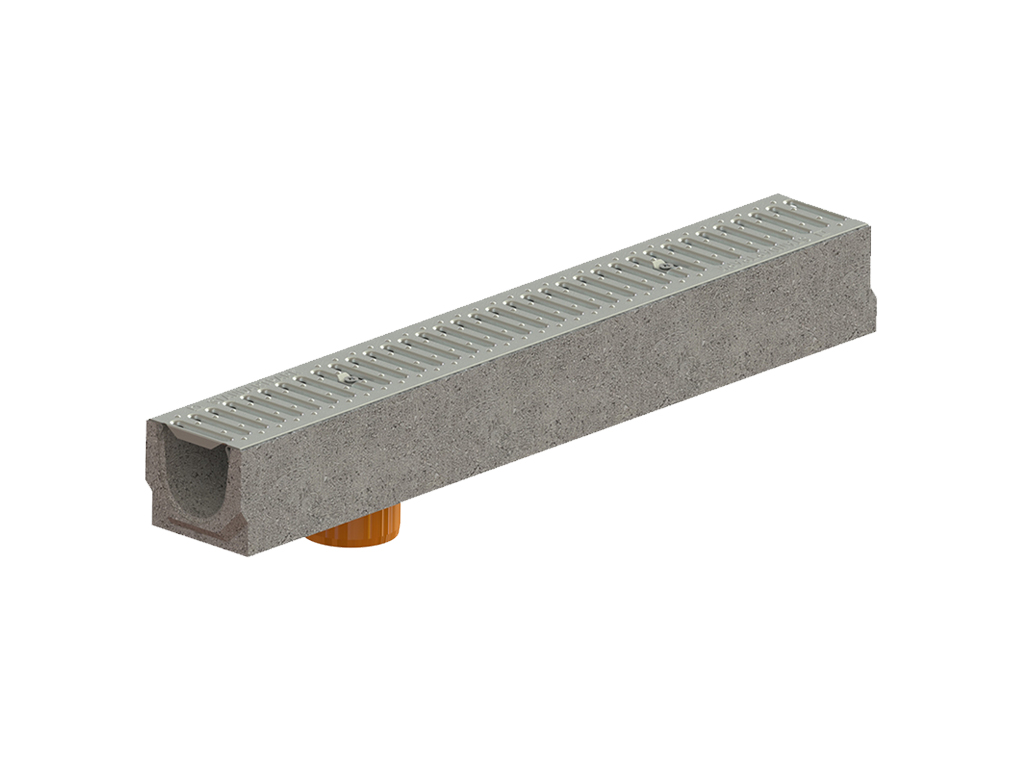 Rigola BetoMax Basic DN100 H125 cu racord vertical D110mm, dotată cu gratar metalic zincat A15 (1000x140x125)