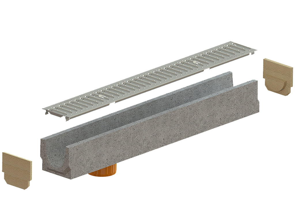 Rigola BetoMax Basic DN100 H125 cu racord vertical D110mm, dotată cu gratar metalic zincat A15 (1000x140x125)