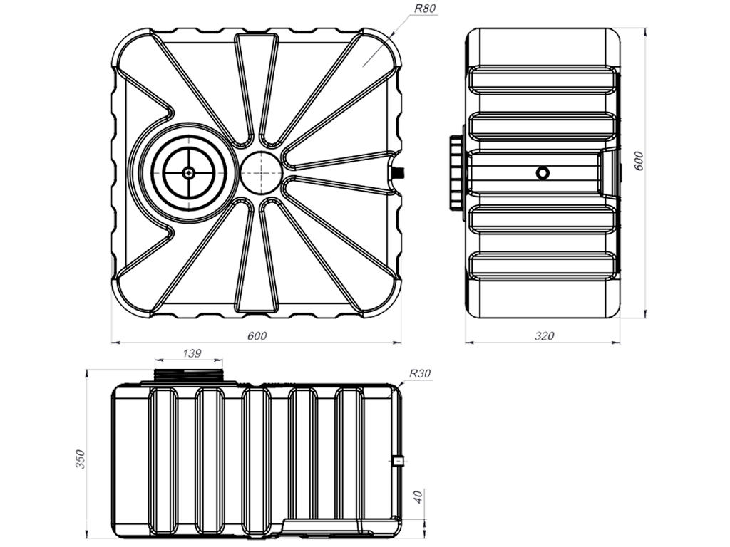 Rezervor PATRAT pentru dus de vara, cu volum W=100 litri, dotat cu para si robinet (600x600x320)