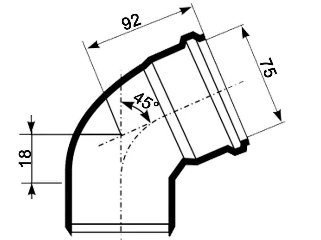 Отвод, ПП, D75мм, на 45 градусов, шумопоглощающий, для труб D75 использованных в внутренней канализации