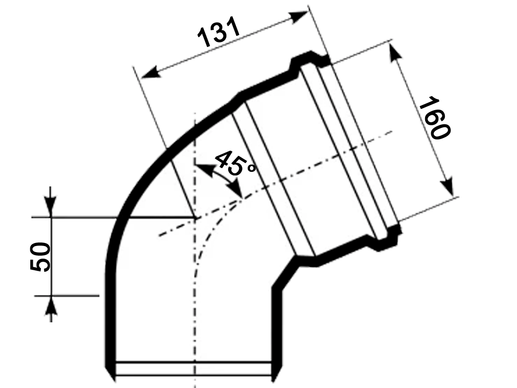 Отвод, ПП, D160мм, на 45 градусов, шумопоглощающий, для труб D160 использованных в внутренней канализации