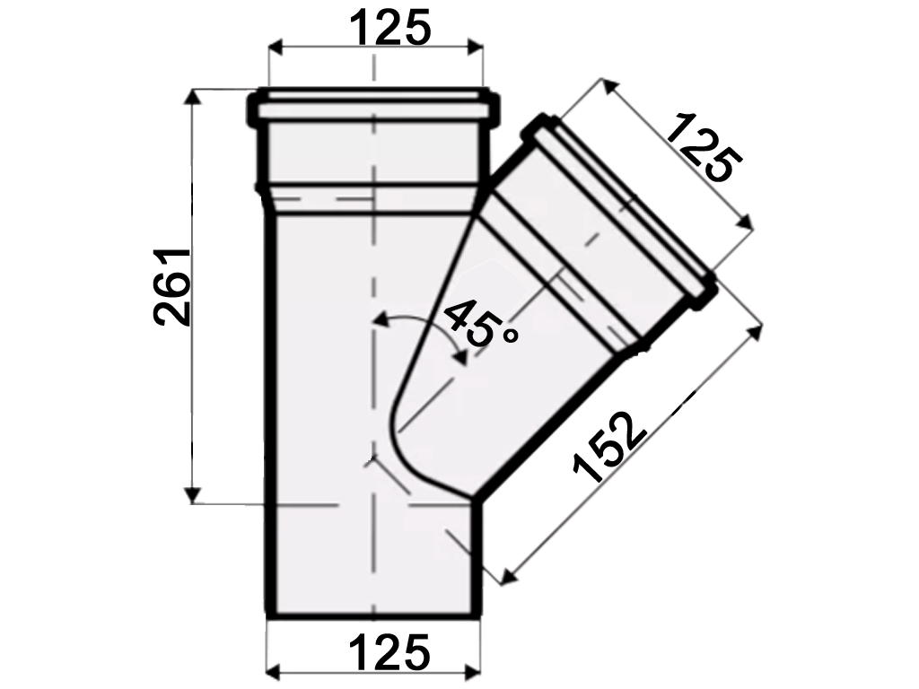 Ramificație PP D125x125mm, 45 grade, Ultra dB, fonoabsorbantă, pentru tevi D125 fonoabsorbante folosite la canalizare interioară