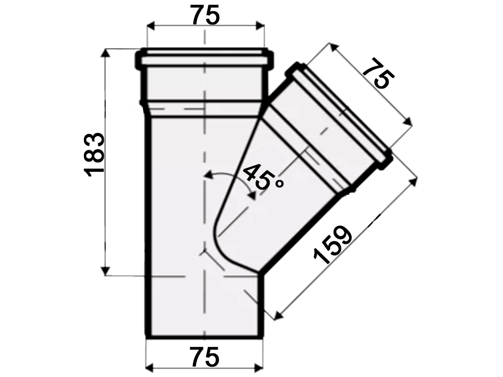 Тройник, ПП, D75x75мм, на 45 градусов, шумопоглощающий, для труб D75 использованных в внутренней канализации