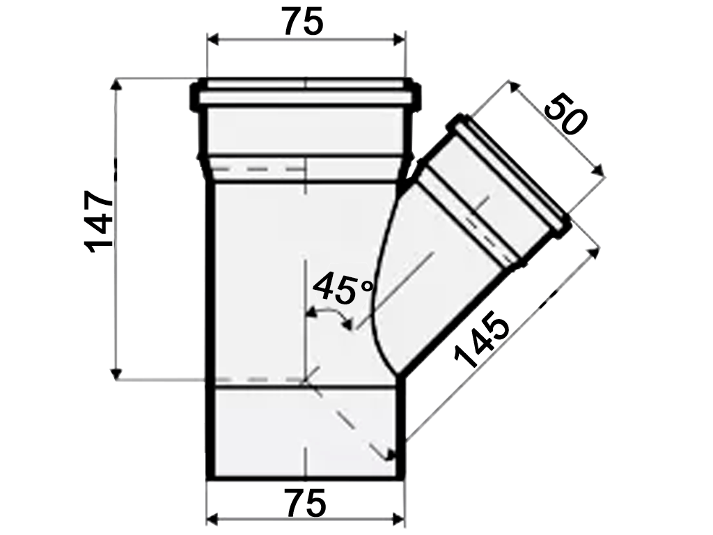 Тройник, ПП, D75x50мм, на 45 градусов, шумопоглощающий, для труб D50 и D75 использованных в внутренней канализации