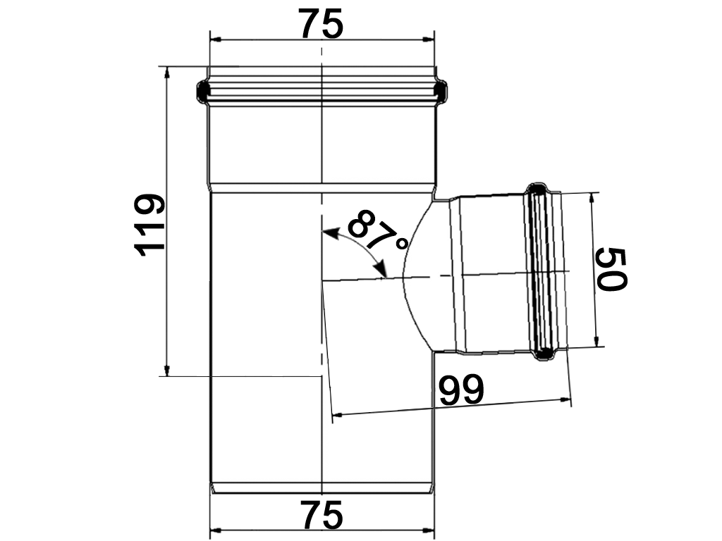 Тройник, ПП, D75x50мм, на 87 градусов, шумопоглощающий, для труб D50 и D75 использованных в внутренней канализации